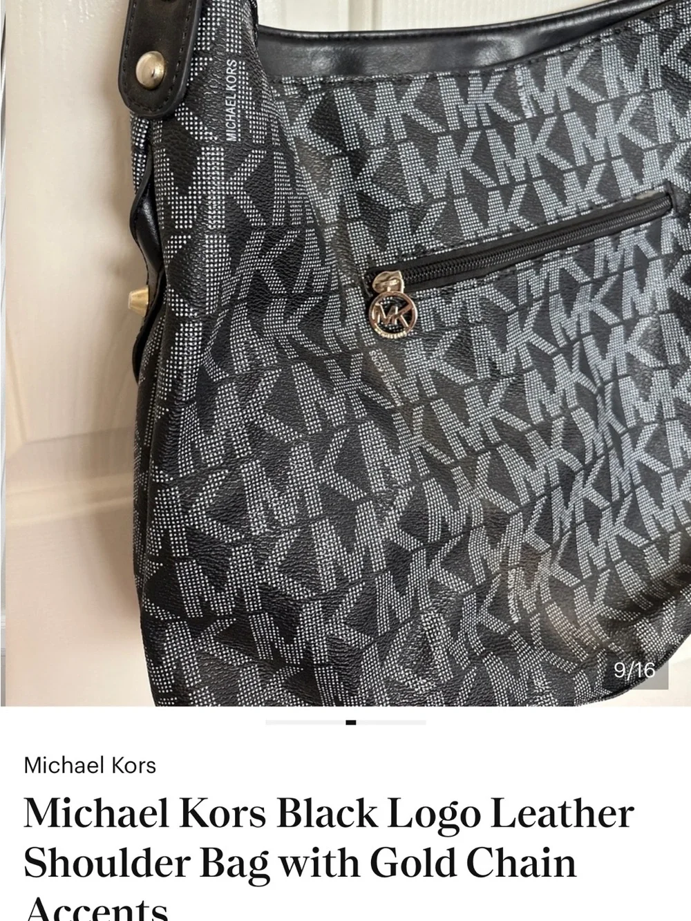 Michael Kors MK Monogram Black Gray Hobo Shoulder Bag Chain Strap